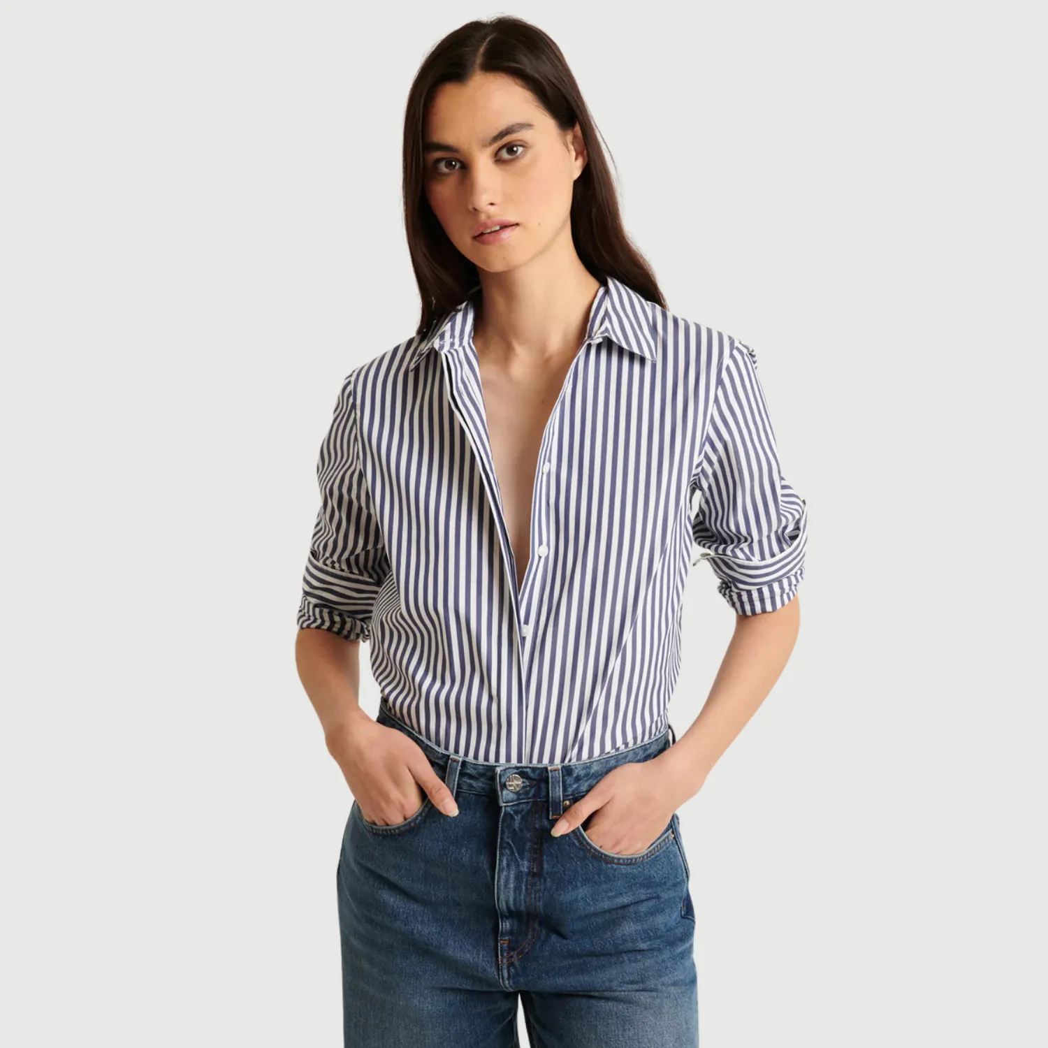 Long Sleeve Cotton Stretch Stripe Relaxed Shirt (Navy)