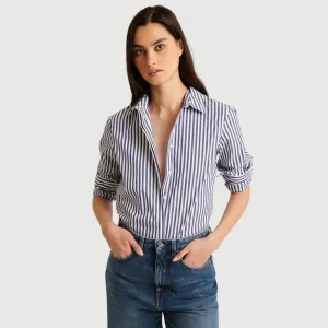 Long Sleeve Cotton Stretch Stripe Relaxed Shirt (Navy)