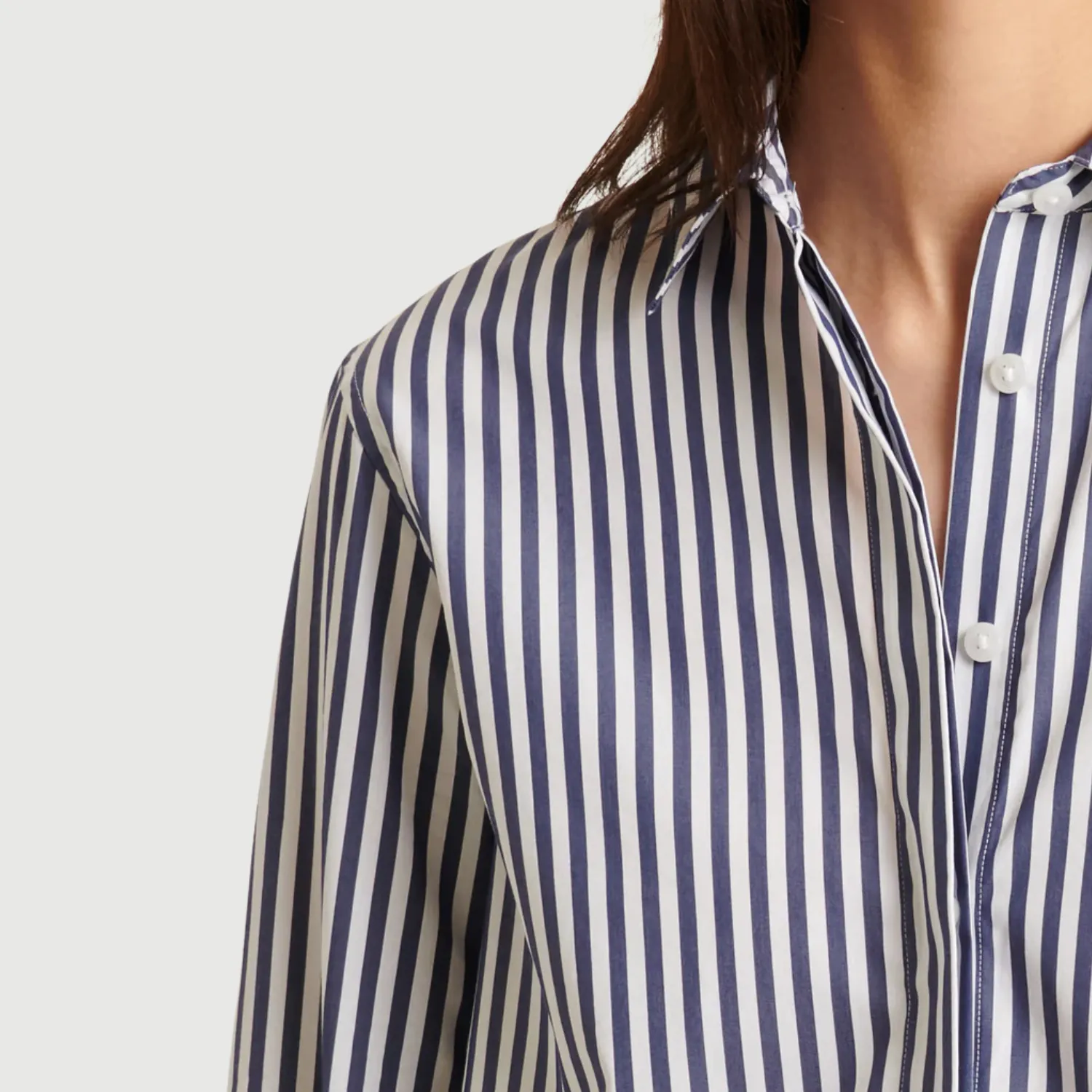 Long Sleeve Cotton Stretch Stripe Relaxed Shirt (Navy)