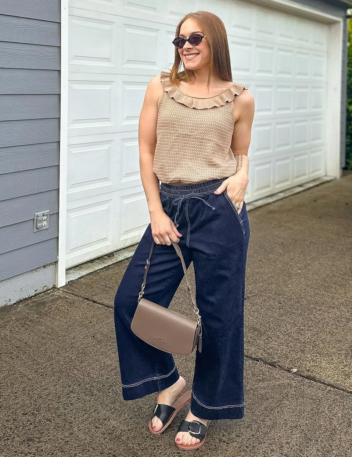 luvamia Wide Leg Jeans for Women High Waisted Cropped Pull On Jeans Elastic Wasit Drawstring Stretch Denim Trouser Pants