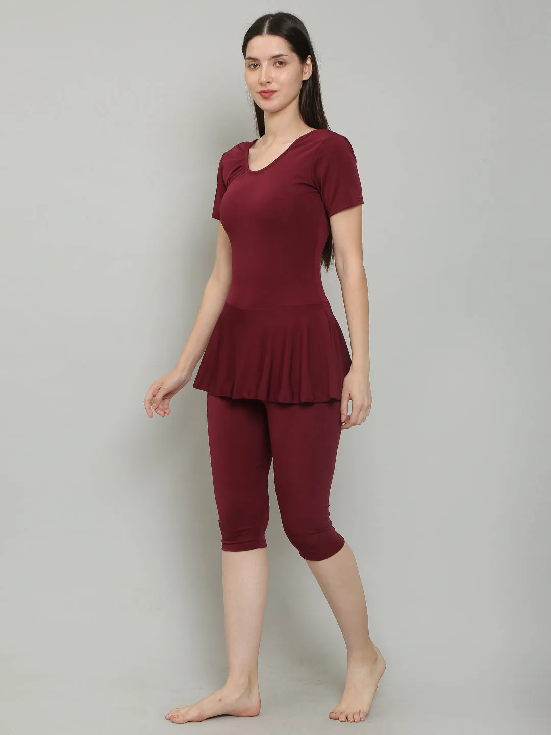 Megaska Women Lycra Knee Length Padded One Piece Swimming Costume_Wine