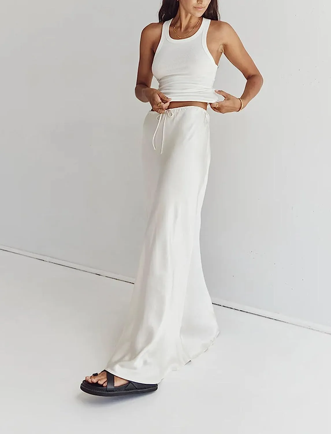 Meladyan Woman Drawstring High Elastic Waist Maxi Long Skirt A Line Flare Solid Slim Fitted Going Out Casual Midi Skirts