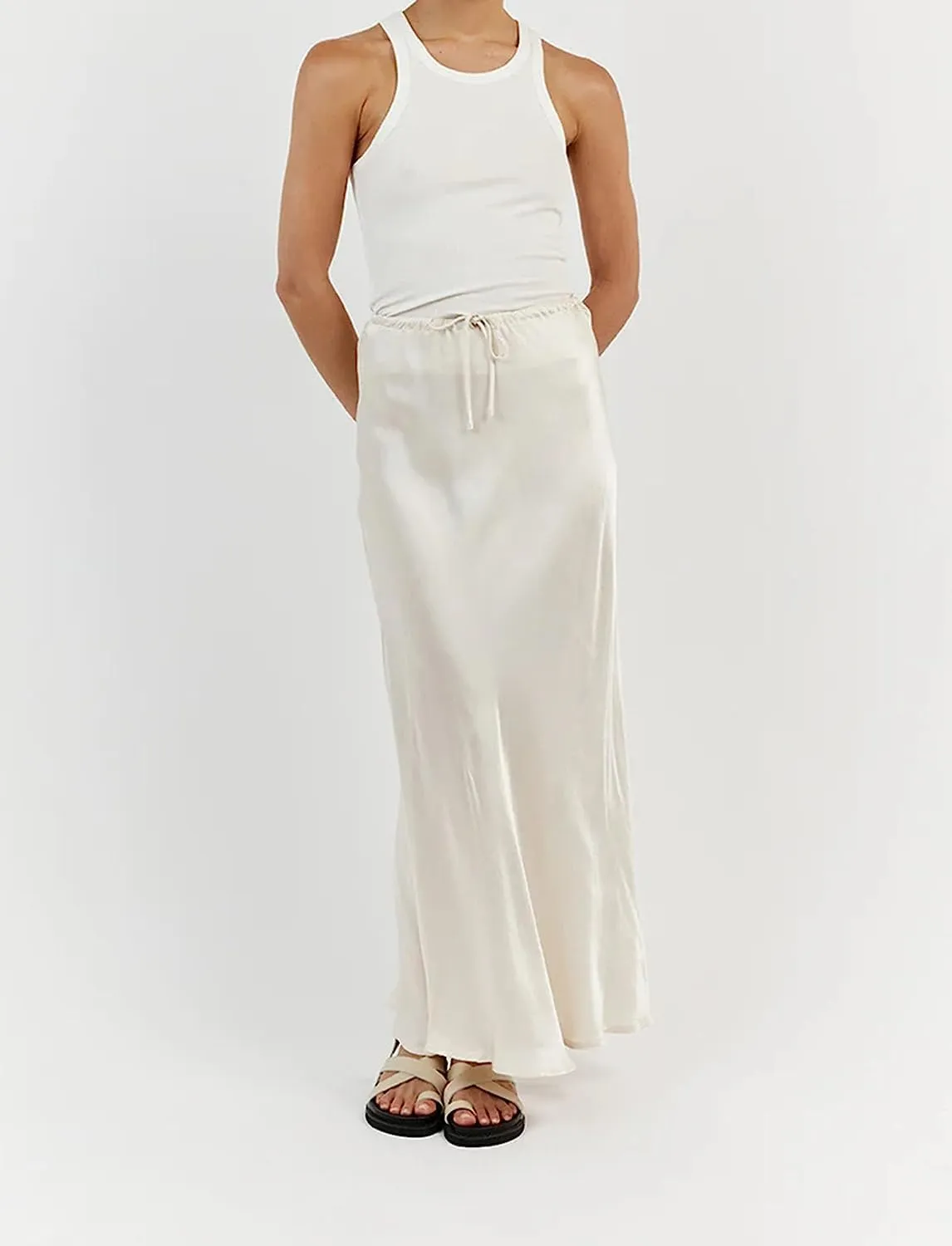 Meladyan Woman Drawstring High Elastic Waist Maxi Long Skirt A Line Flare Solid Slim Fitted Going Out Casual Midi Skirts