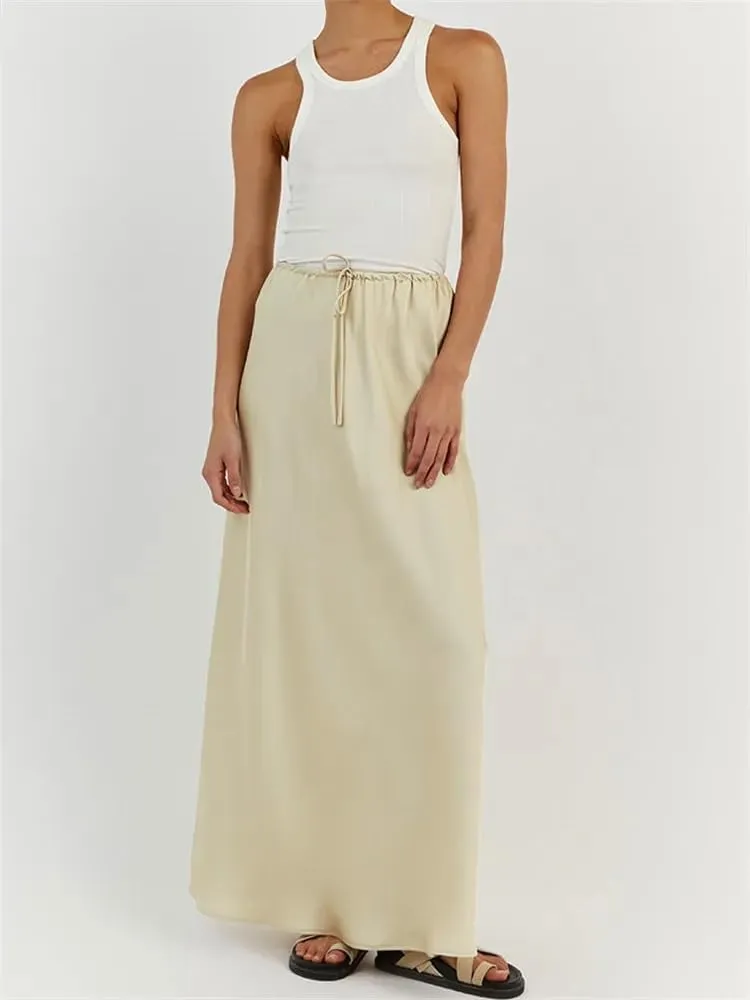 Meladyan Woman Drawstring High Elastic Waist Maxi Long Skirt A Line Flare Solid Slim Fitted Going Out Casual Midi Skirts