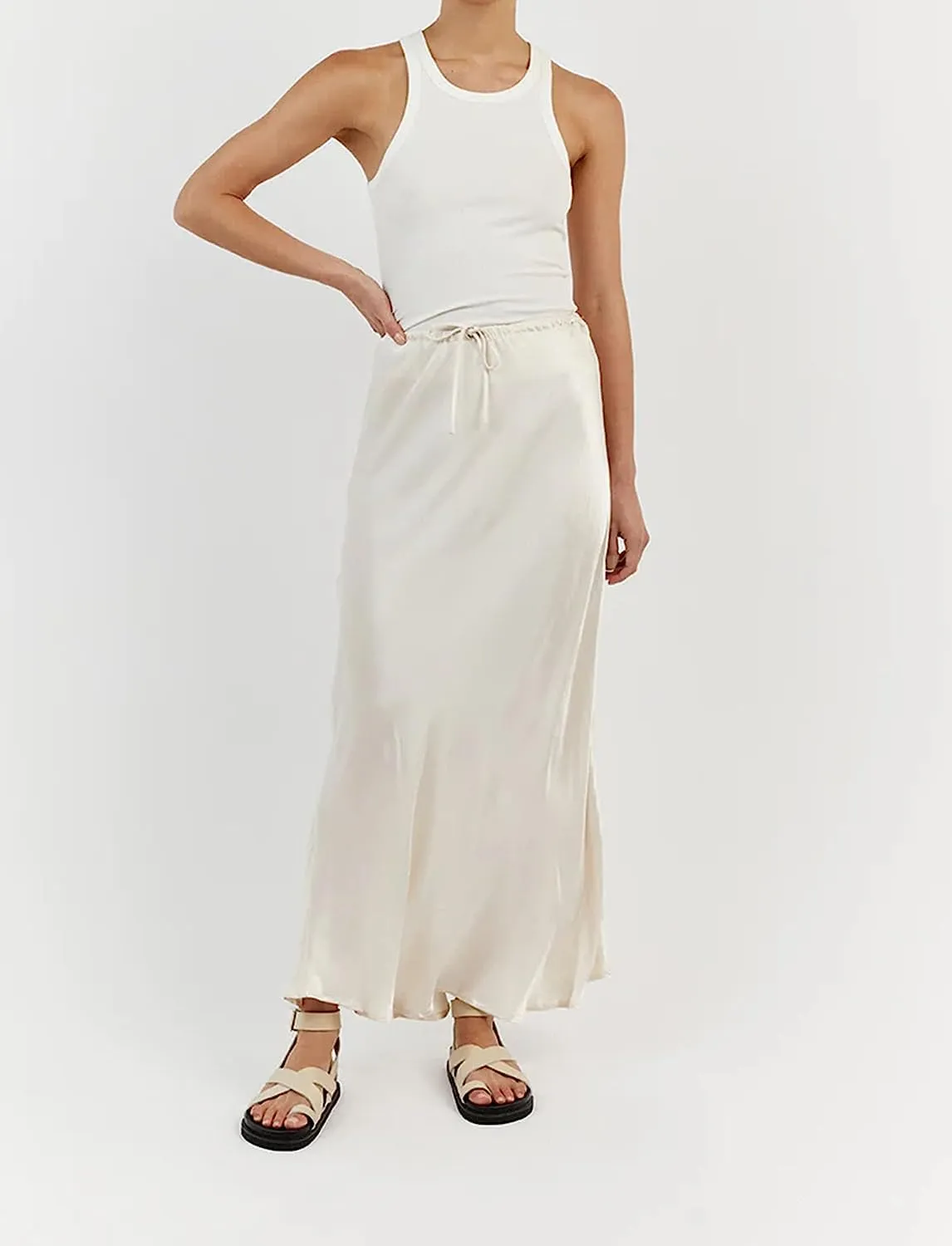 Meladyan Woman Drawstring High Elastic Waist Maxi Long Skirt A Line Flare Solid Slim Fitted Going Out Casual Midi Skirts