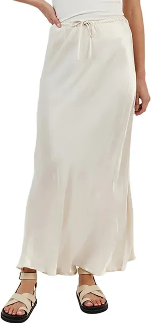 Meladyan Woman Drawstring High Elastic Waist Maxi Long Skirt A Line Flare Solid Slim Fitted Going Out Casual Midi Skirts
