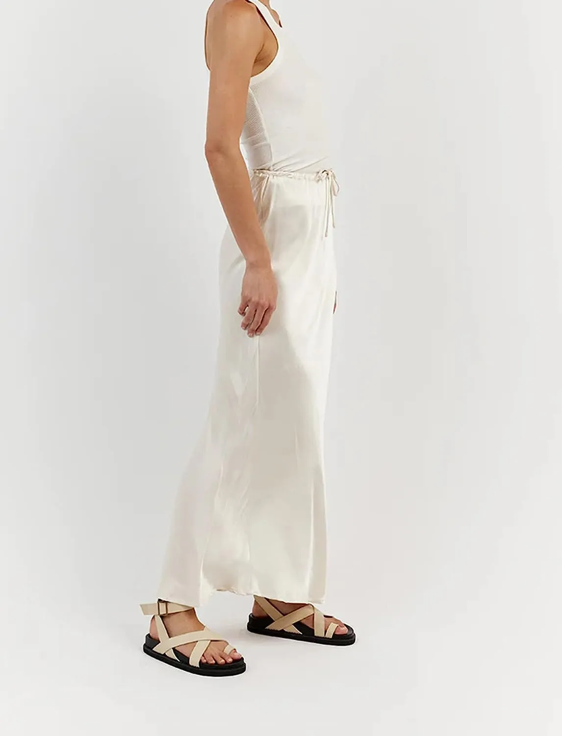 Meladyan Woman Drawstring High Elastic Waist Maxi Long Skirt A Line Flare Solid Slim Fitted Going Out Casual Midi Skirts
