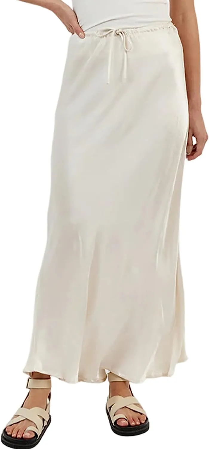 Meladyan Woman Drawstring High Elastic Waist Maxi Long Skirt A Line Flare Solid Slim Fitted Going Out Casual Midi Skirts