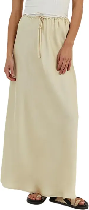 Meladyan Woman Drawstring High Elastic Waist Maxi Long Skirt A Line Flare Solid Slim Fitted Going Out Casual Midi Skirts