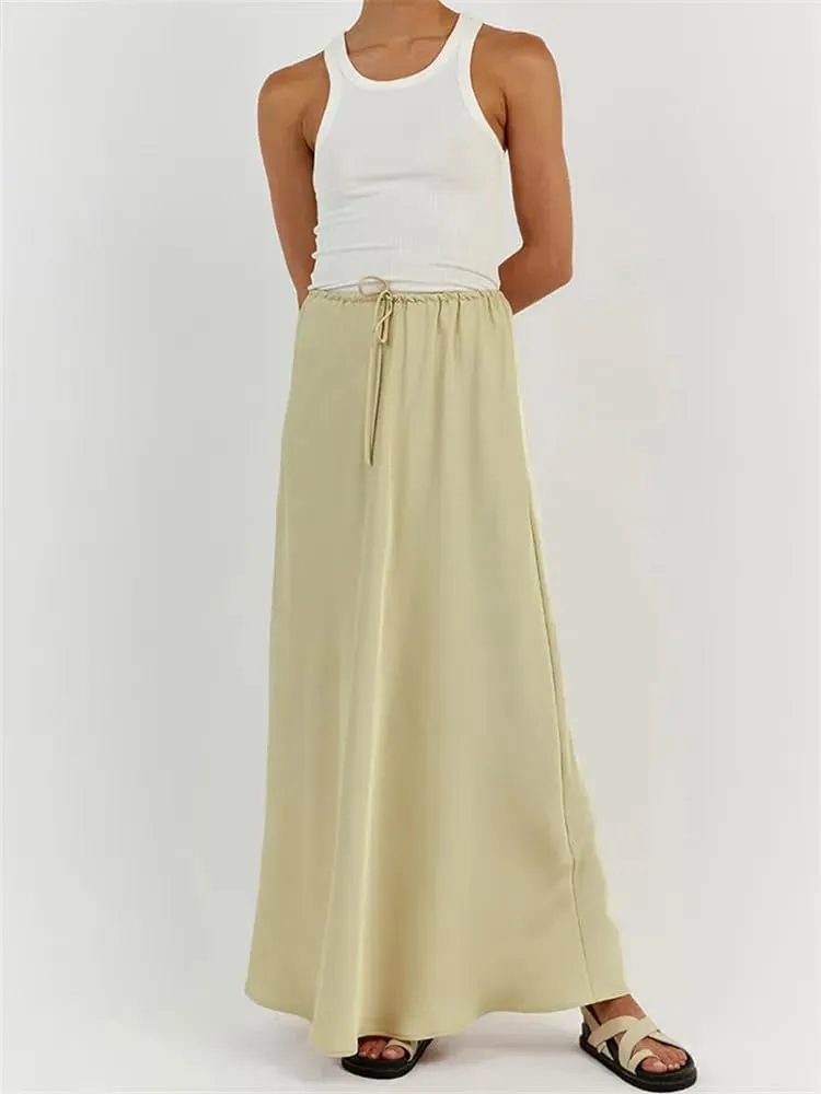 Meladyan Woman Drawstring High Elastic Waist Maxi Long Skirt A Line Flare Solid Slim Fitted Going Out Casual Midi Skirts
