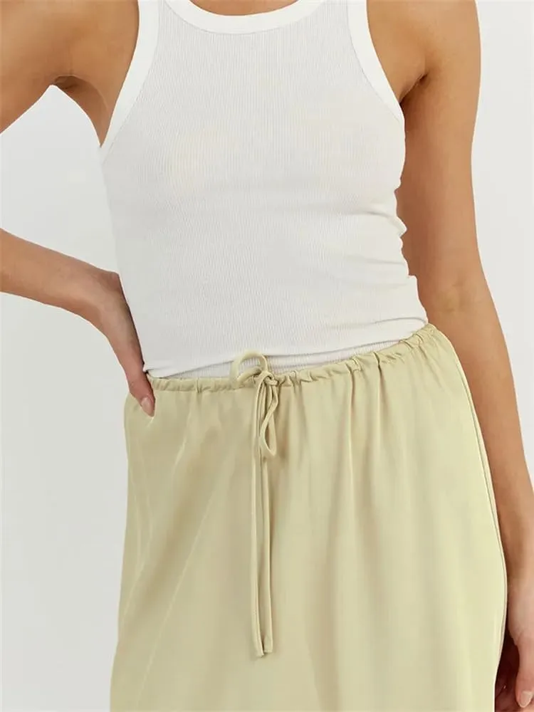 Meladyan Woman Drawstring High Elastic Waist Maxi Long Skirt A Line Flare Solid Slim Fitted Going Out Casual Midi Skirts