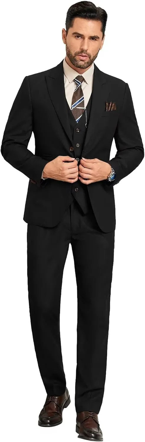 Men 3 Pieces Suits Slim Fit Formal Men Suit Blazer Vest Pants Peak Lapel Suits for Men 1 Button Prom Business Mens Tuxedo