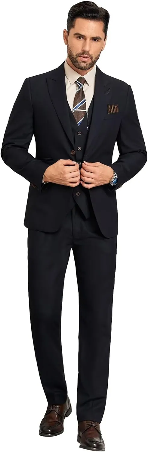 Men 3 Pieces Suits Slim Fit Formal Men Suit Blazer Vest Pants Peak Lapel Suits for Men 1 Button Prom Business Mens Tuxedo