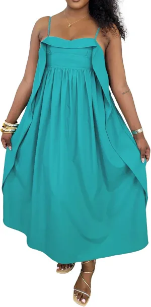Midi Dresses for Women Casual Summer Sundresses Vacation Outfits Spaghetti Strap Smocked Women Maxi Dress with Pockets