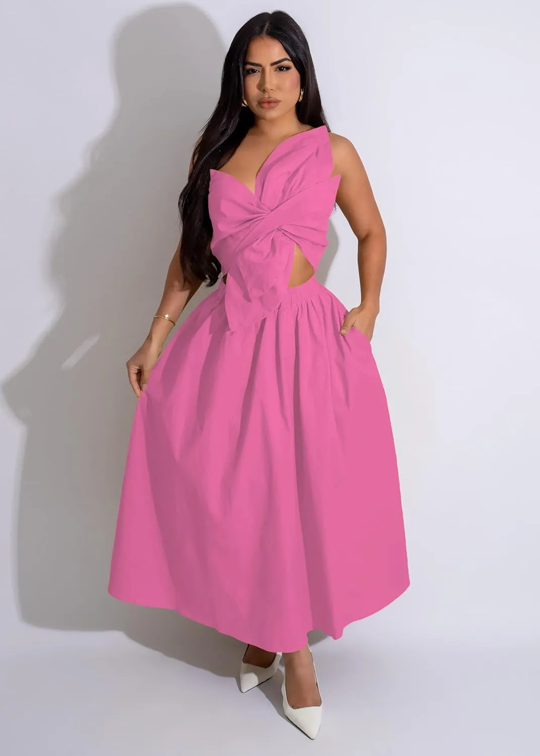 Midi Dresses for Women Casual Summer Sundresses Vacation Outfits Spaghetti Strap Smocked Women Maxi Dress with Pockets