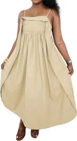 Midi Dresses for Women Casual Summer Sundresses Vacation Outfits Spaghetti Strap Smocked Women Maxi Dress with Pockets