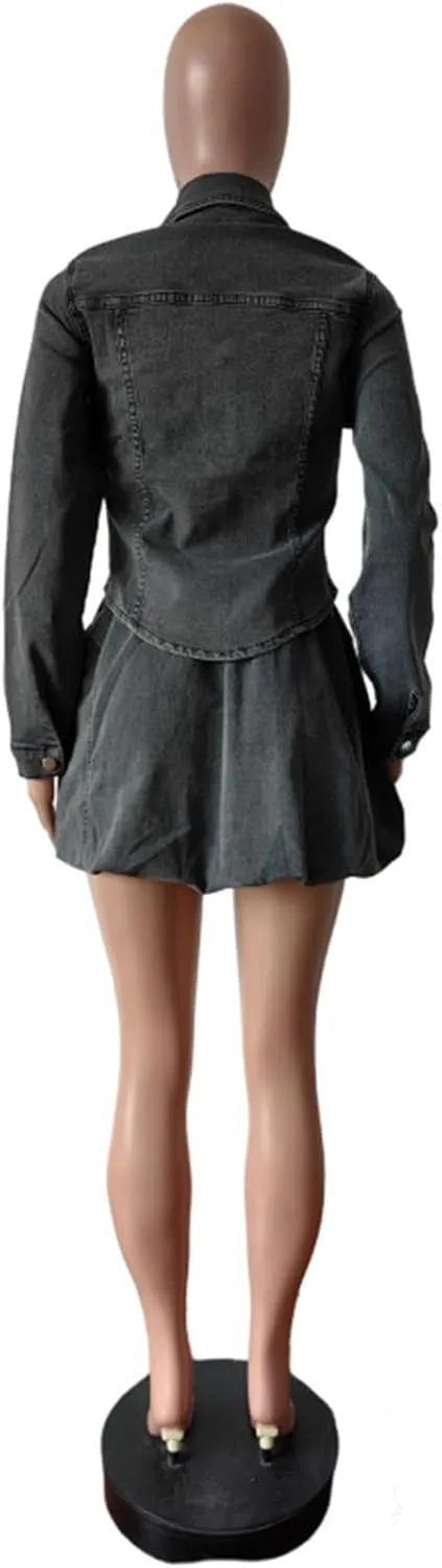 Molisry Women's 2 Piece Denim Skirt Set Sexy Long Sleeve Button Down Jacket High Waisted Bubble Puffy Mini Jean Skirt