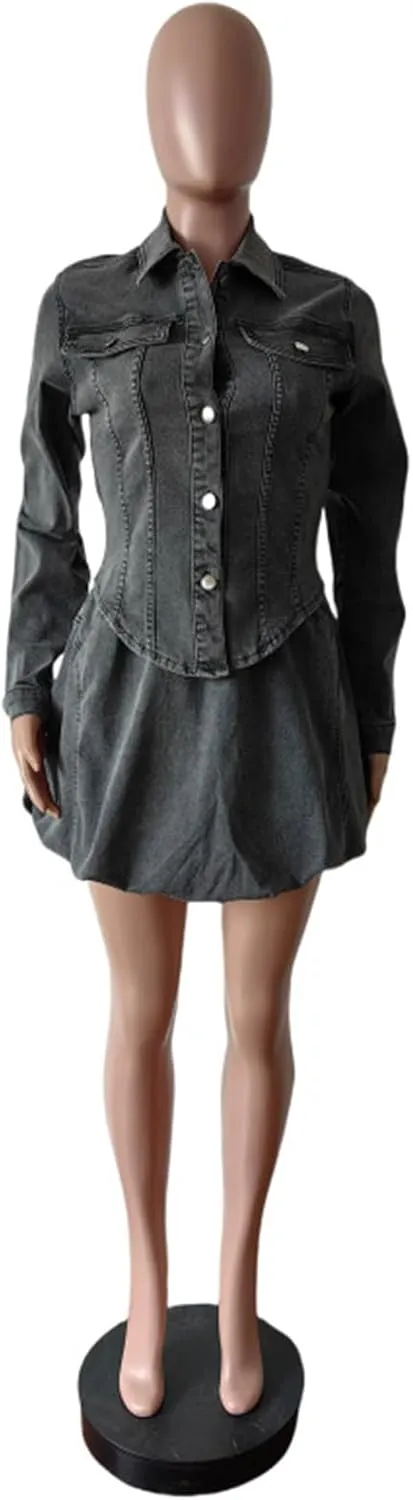 Molisry Women's 2 Piece Denim Skirt Set Sexy Long Sleeve Button Down Jacket High Waisted Bubble Puffy Mini Jean Skirt