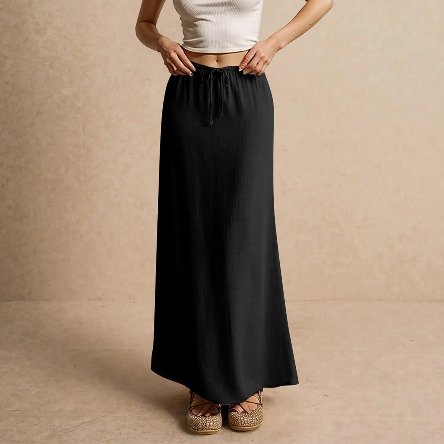 NBXNZWF Linen Skirts for Women 2025 Trendy Summer Low Rise A-Line Maxi Skirts Drawstring Waist Flowy Beach Cover Up Outfit