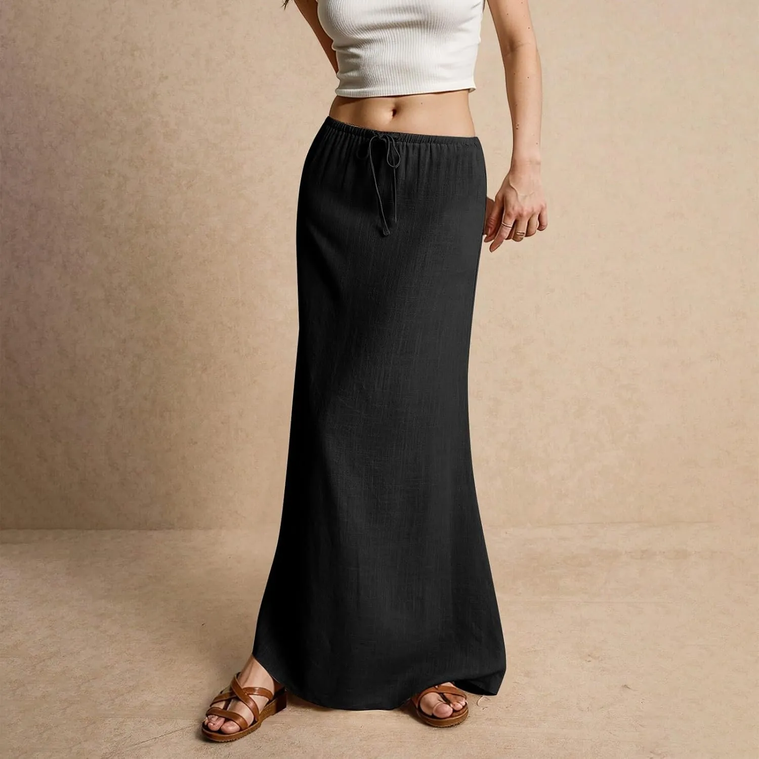 NBXNZWF Linen Skirts for Women 2025 Trendy Summer Low Rise A-Line Maxi Skirts Drawstring Waist Flowy Beach Cover Up Outfit