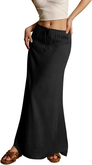 NBXNZWF Linen Skirts for Women 2025 Trendy Summer Low Rise A-Line Maxi Skirts Drawstring Waist Flowy Beach Cover Up Outfit
