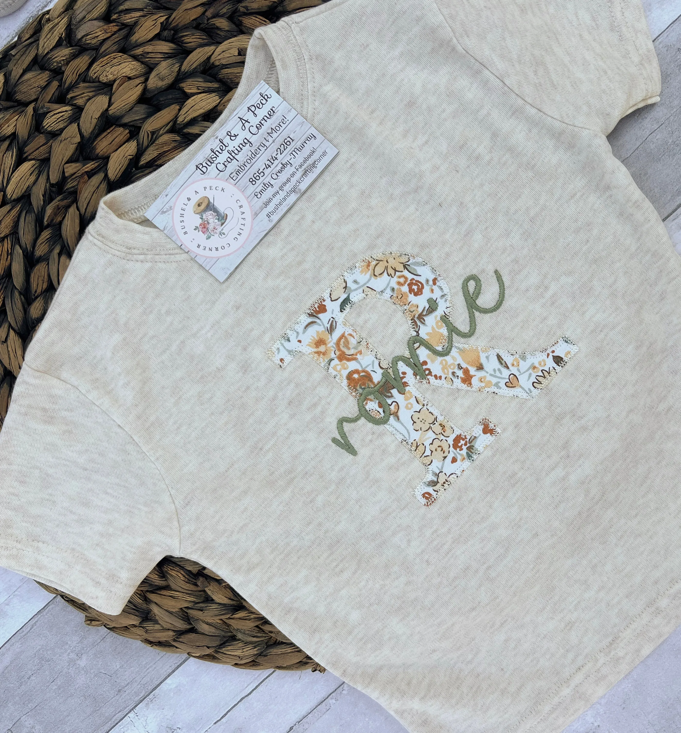 Oatmeal Short/Long Sleeve Shirts with Blooming Wildflowers Applique (Initial Style)