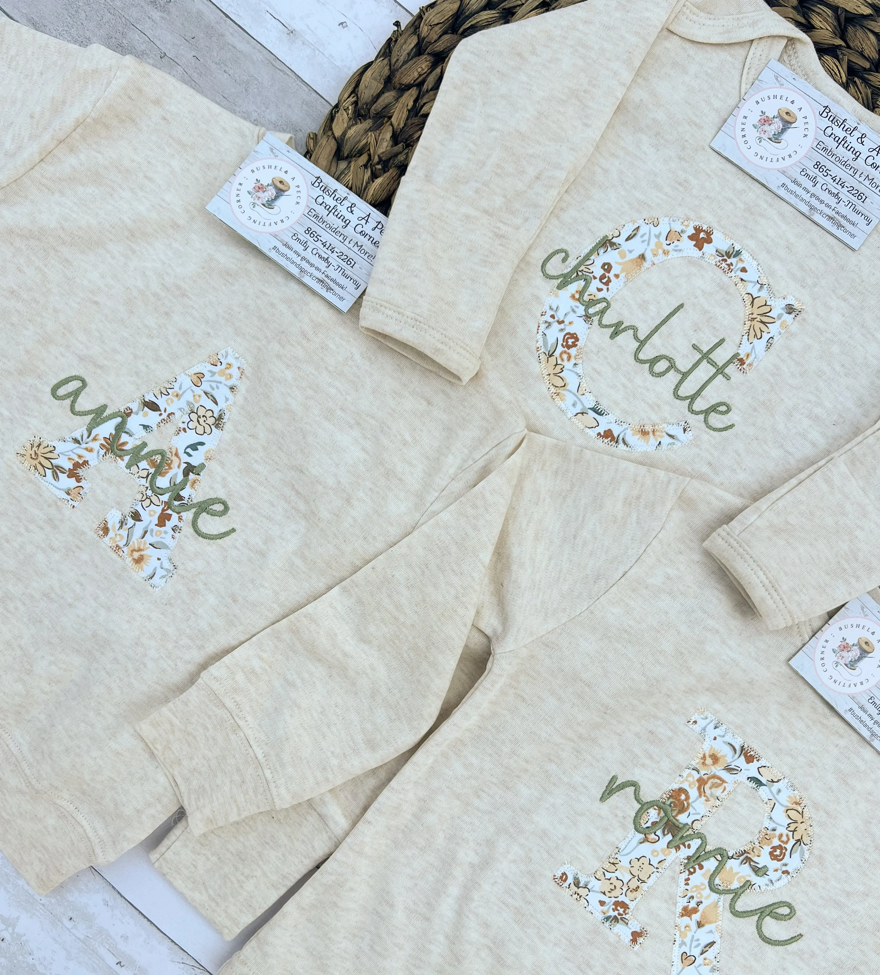 Oatmeal Short/Long Sleeve Shirts with Blooming Wildflowers Applique (Initial Style)
