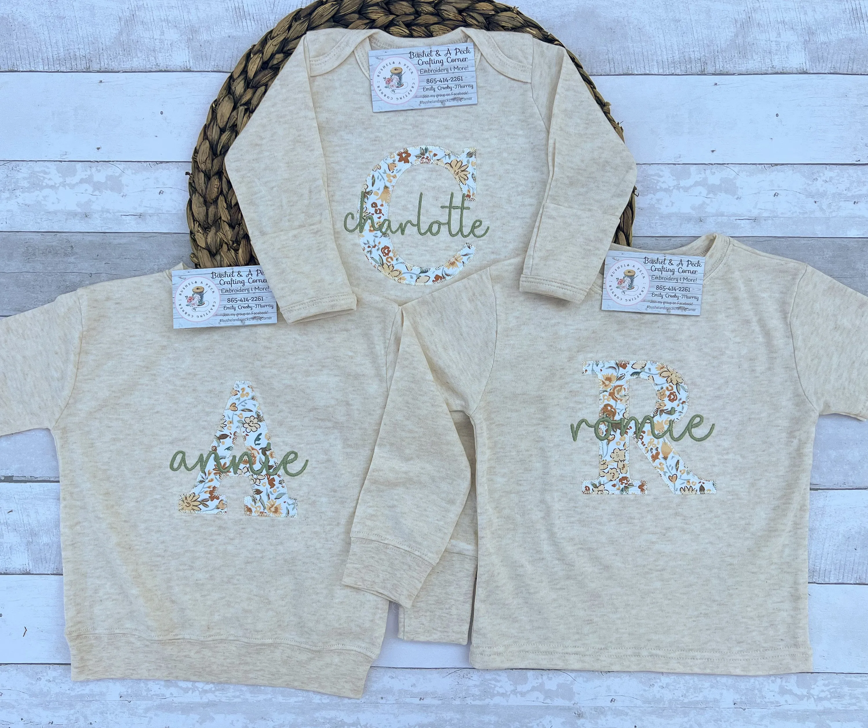 Oatmeal Short/Long Sleeve Shirts with Blooming Wildflowers Applique (Initial Style)