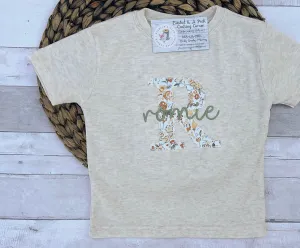 Oatmeal Short/Long Sleeve Shirts with Blooming Wildflowers Applique (Initial Style)