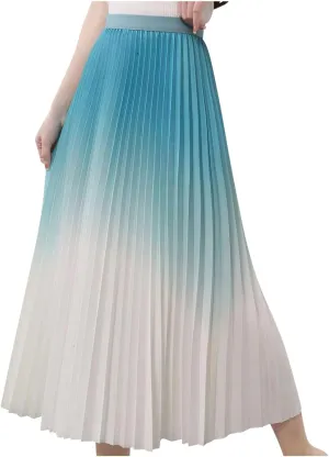 Oplxuo Women's Gradient Pleated Skirts High Waisted A-Line Maxi Skirts, Elegant Swing Flowy Long Skirt for Cocktail Party