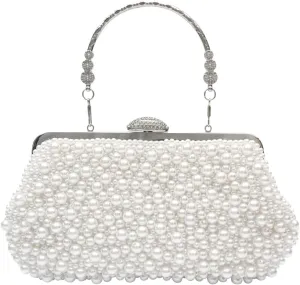 Pearl Evening Bag for Women Beaded Clutch Bag Bridal Wedding Purse Shoulder Bag with Detachable Chain Retro Handbag