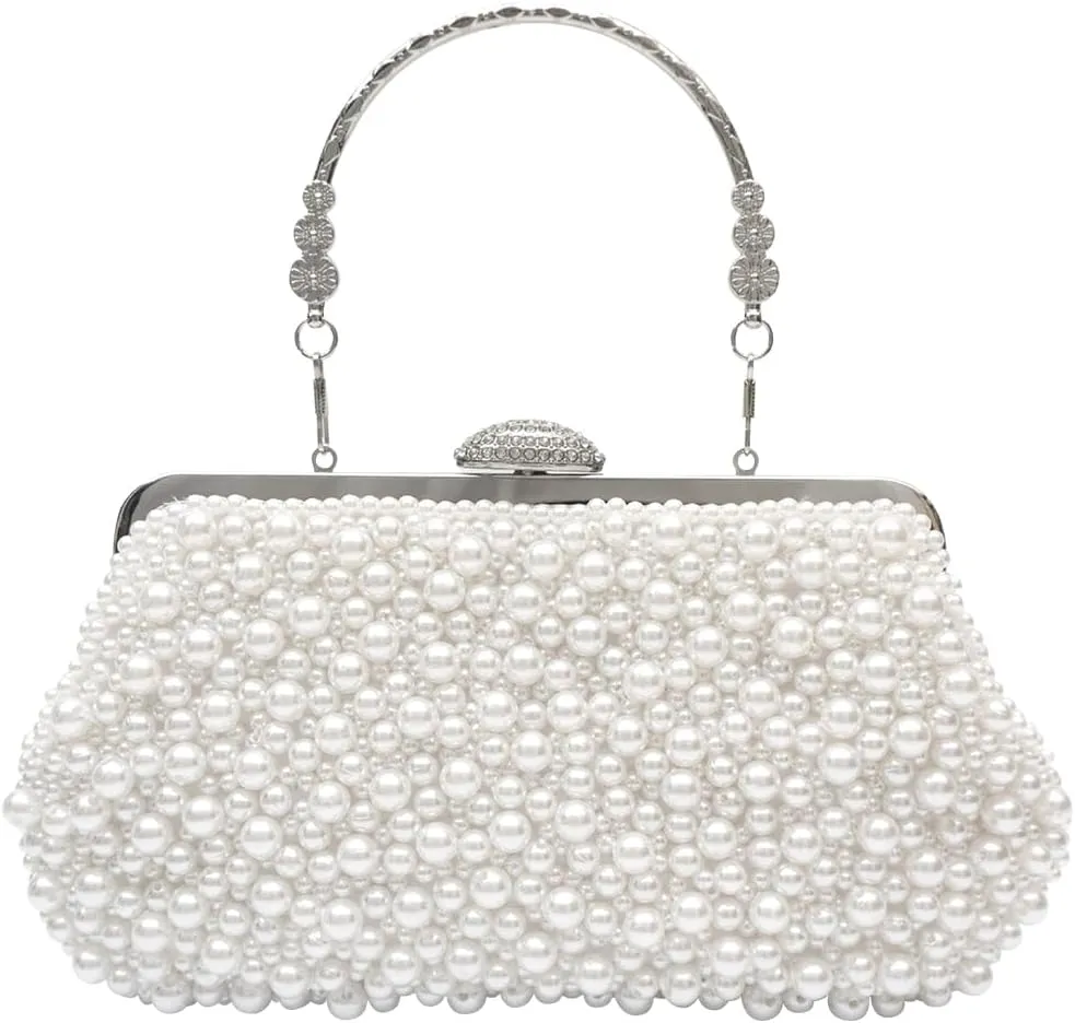 Pearl Evening Bag for Women Beaded Clutch Bag Bridal Wedding Purse Shoulder Bag with Detachable Chain Retro Handbag