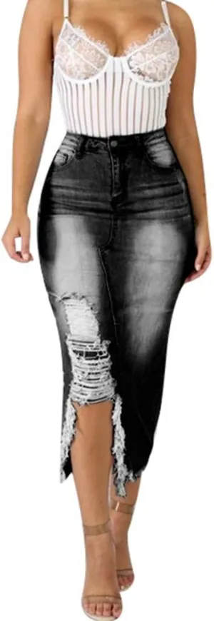 Pleated Tennis Skirts for Women Midi Skirts for Women High Waist Ripped Denim Skirt Destroyed Bodycon Street