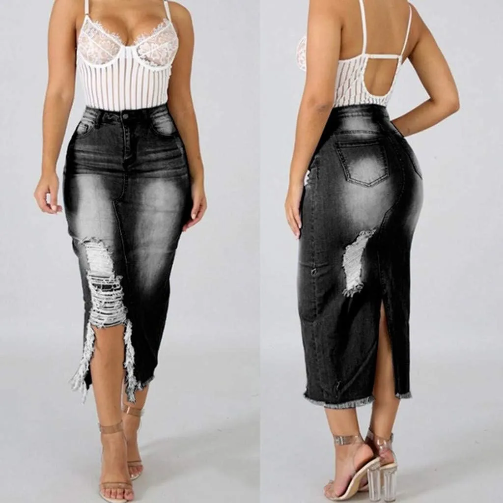 Pleated Tennis Skirts for Women Midi Skirts for Women High Waist Ripped Denim Skirt Destroyed Bodycon Street