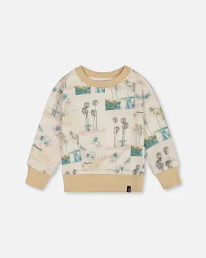Printed Pullover Sweatshirt Beige Palm Tree And Teal