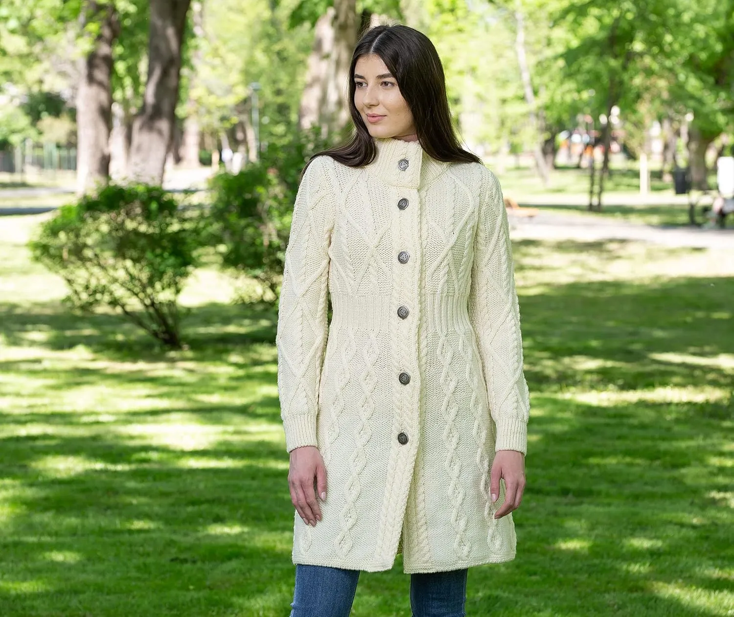 SAOL 100% Merino Wool Irish Cardigan for Women with Celtic Knot Buttons -Aran Long Outdoor Cable Knit Coatigan