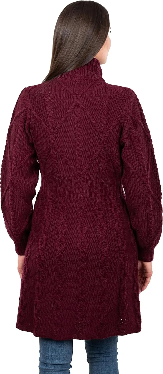 SAOL 100% Merino Wool Irish Cardigan for Women with Celtic Knot Buttons -Aran Long Outdoor Cable Knit Coatigan