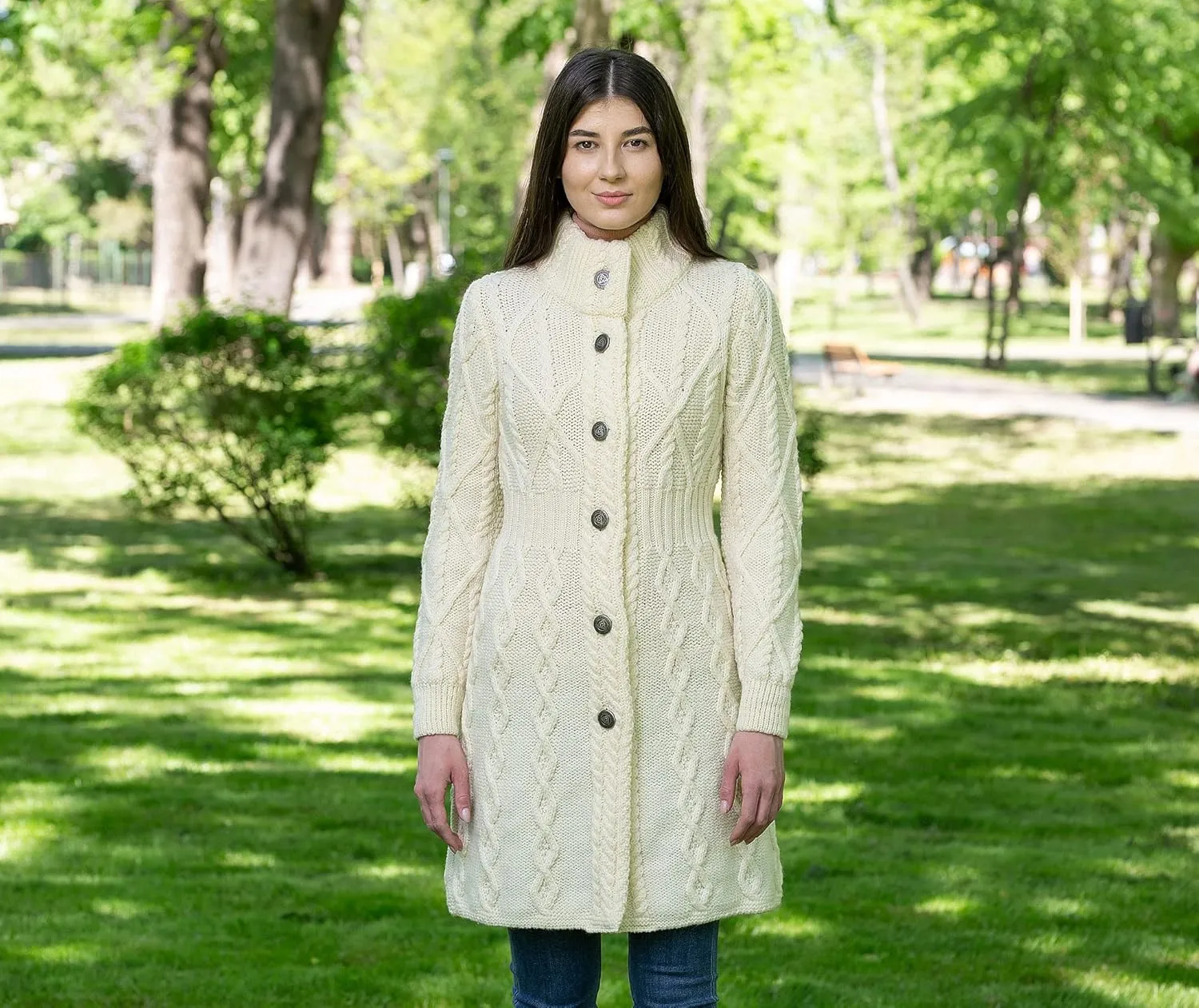 SAOL 100% Merino Wool Irish Cardigan for Women with Celtic Knot Buttons -Aran Long Outdoor Cable Knit Coatigan