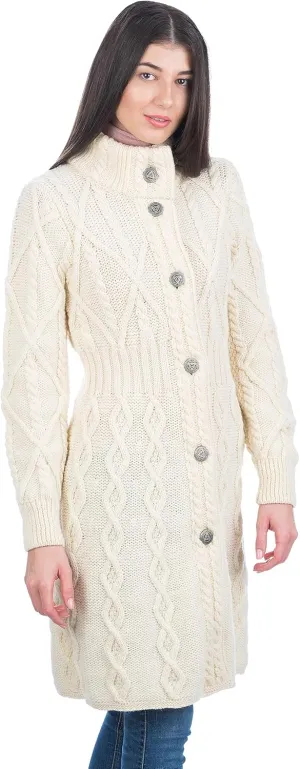 SAOL 100% Merino Wool Irish Cardigan for Women with Celtic Knot Buttons -Aran Long Outdoor Cable Knit Coatigan