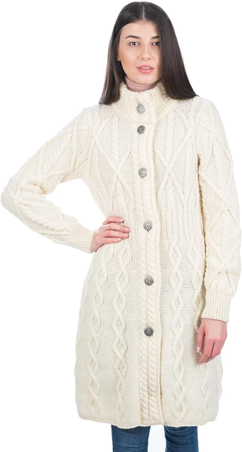SAOL 100% Merino Wool Irish Cardigan for Women with Celtic Knot Buttons -Aran Long Outdoor Cable Knit Coatigan