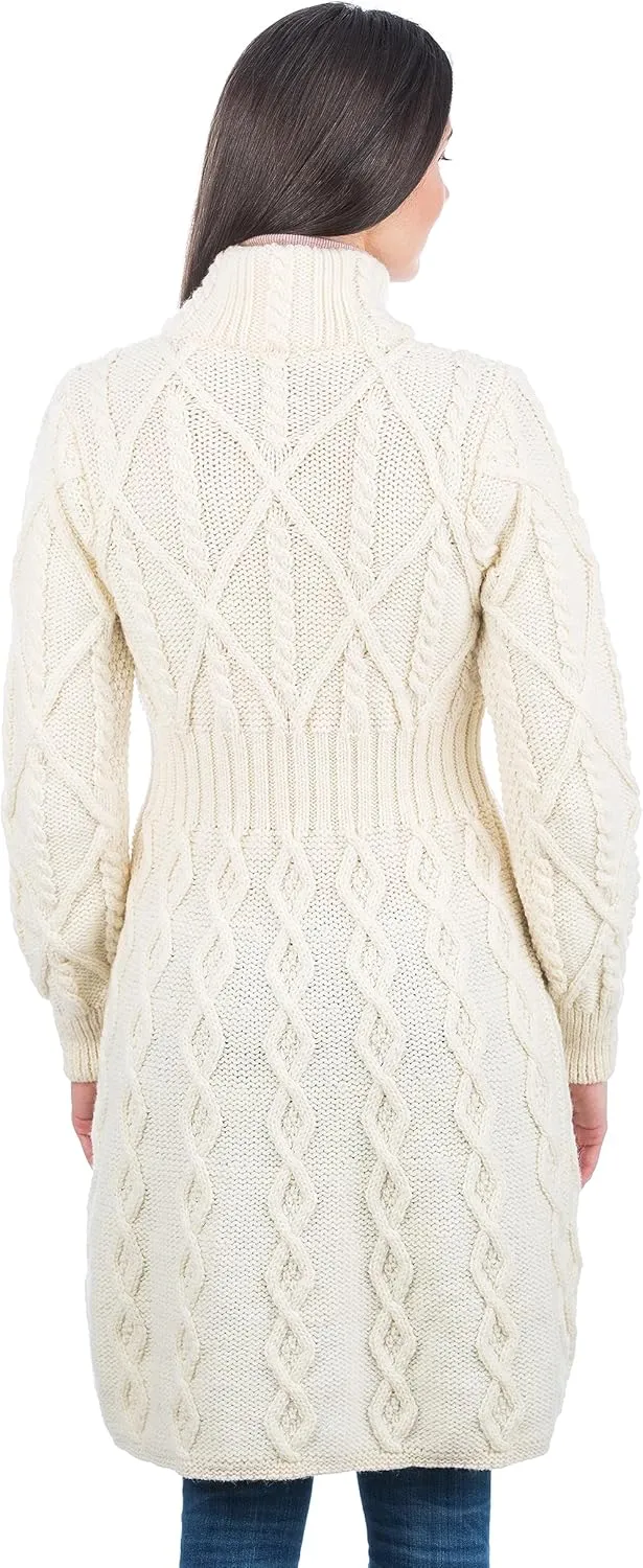 SAOL 100% Merino Wool Irish Cardigan for Women with Celtic Knot Buttons -Aran Long Outdoor Cable Knit Coatigan