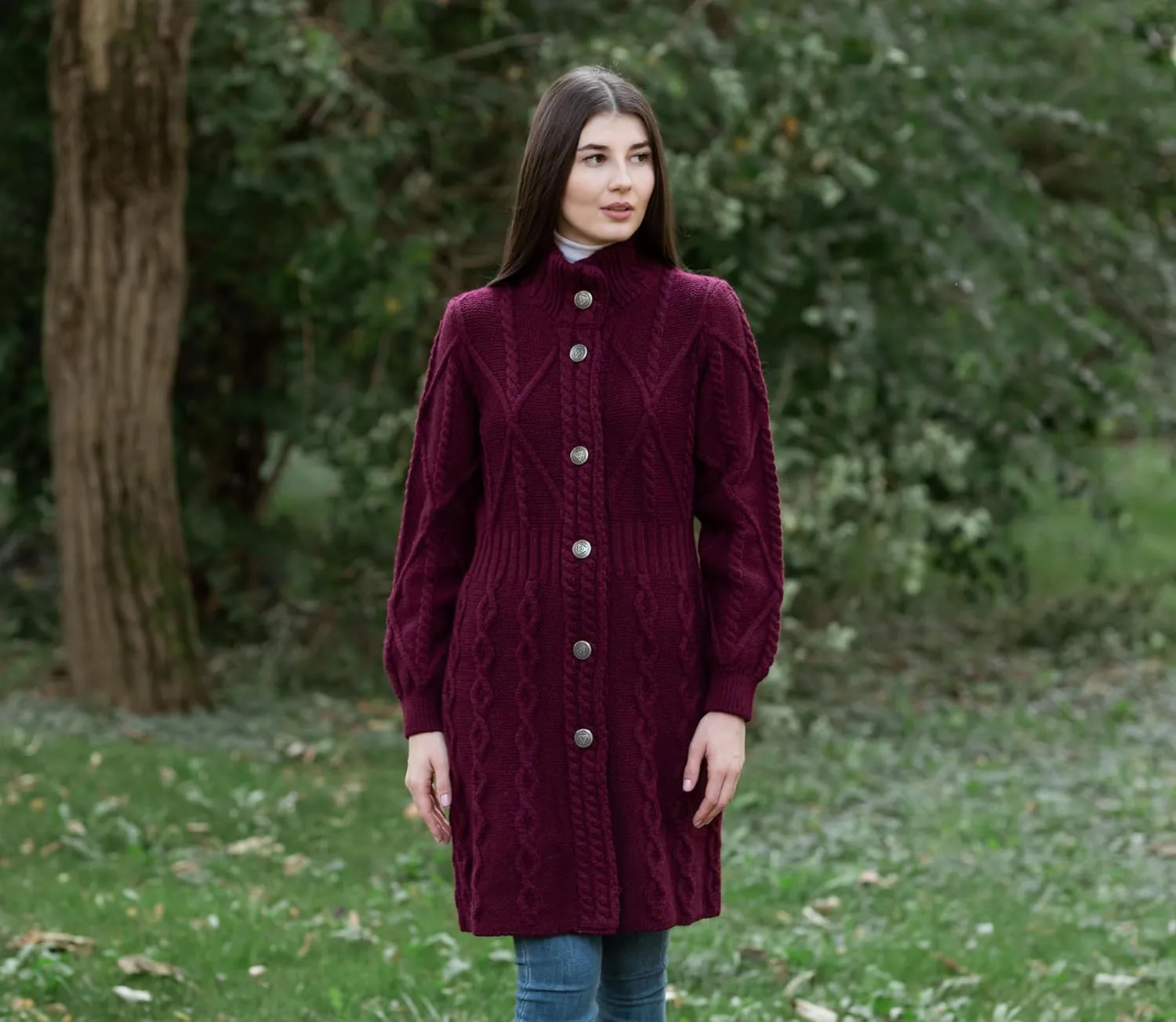 SAOL 100% Merino Wool Irish Cardigan for Women with Celtic Knot Buttons -Aran Long Outdoor Cable Knit Coatigan