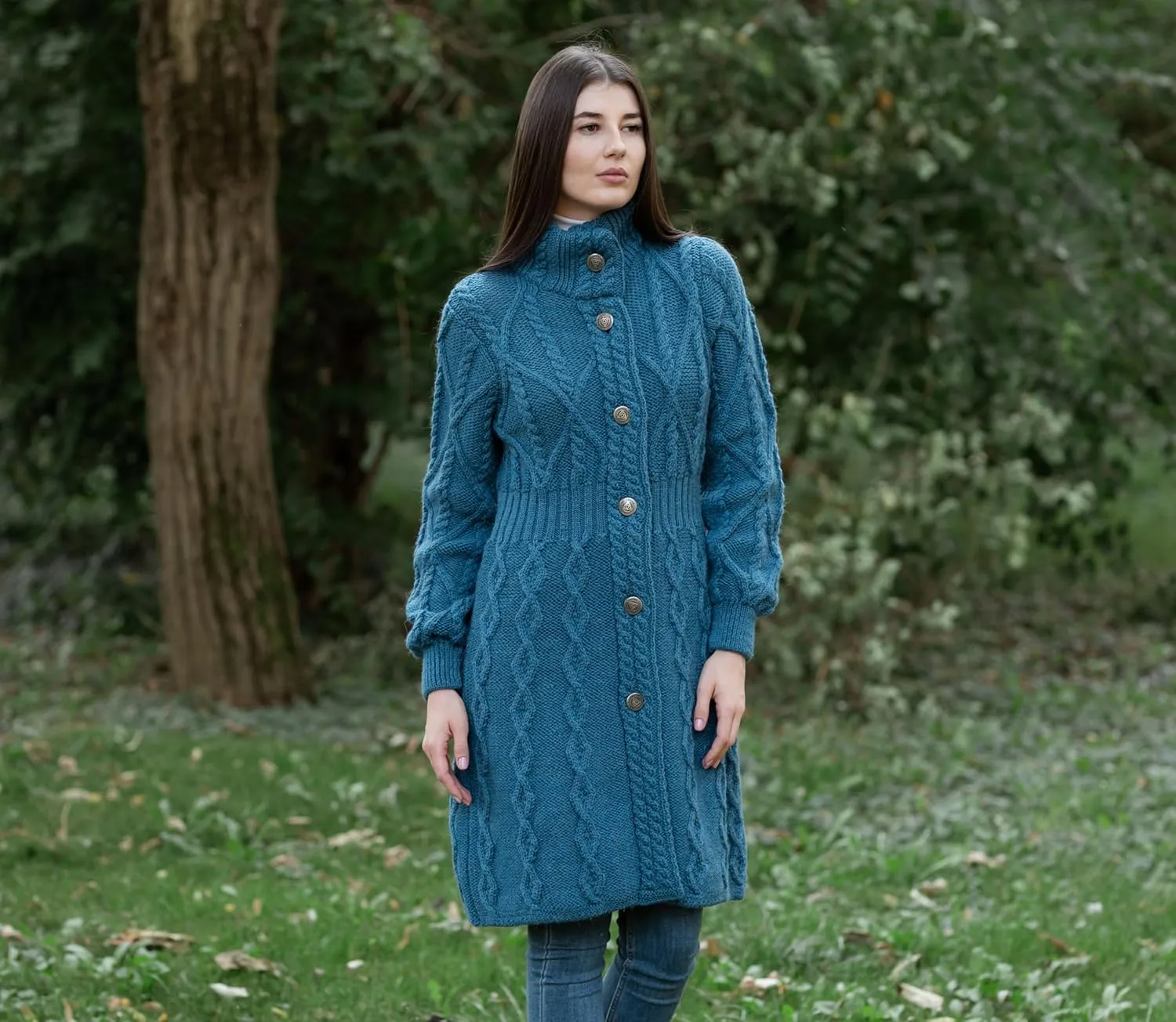 SAOL 100% Merino Wool Irish Cardigan for Women with Celtic Knot Buttons -Aran Long Outdoor Cable Knit Coatigan