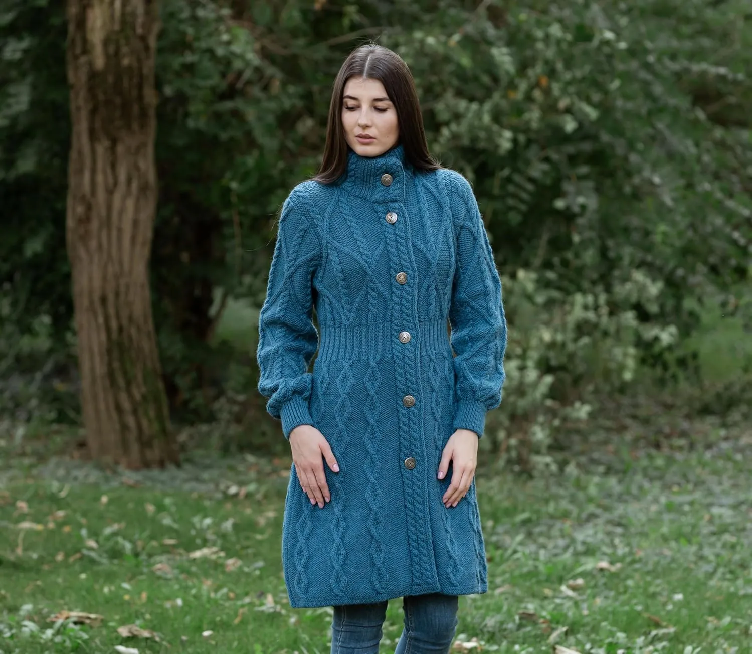 SAOL 100% Merino Wool Irish Cardigan for Women with Celtic Knot Buttons -Aran Long Outdoor Cable Knit Coatigan