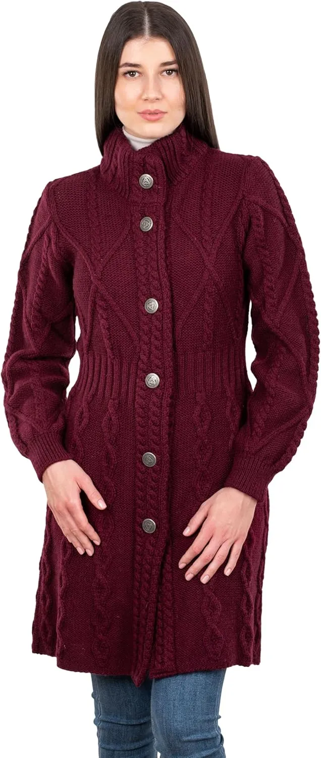 SAOL 100% Merino Wool Irish Cardigan for Women with Celtic Knot Buttons -Aran Long Outdoor Cable Knit Coatigan