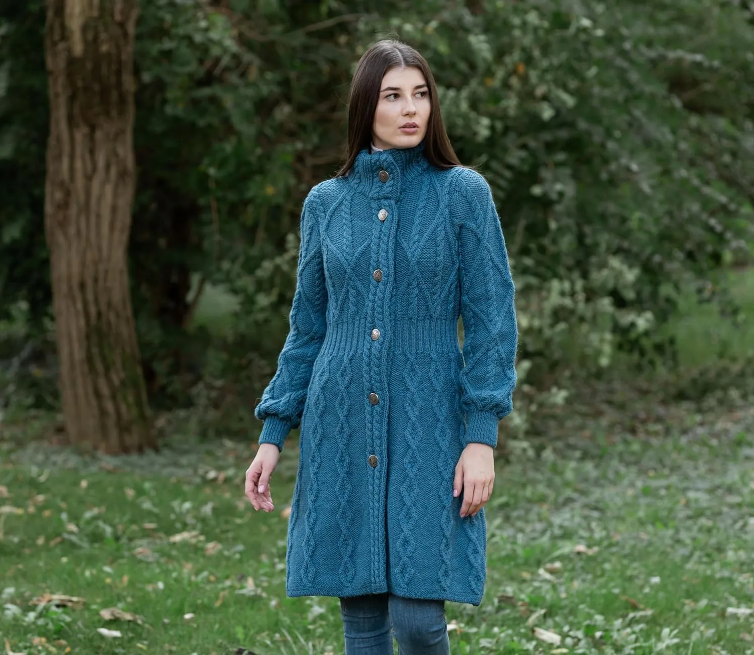 SAOL 100% Merino Wool Irish Cardigan for Women with Celtic Knot Buttons -Aran Long Outdoor Cable Knit Coatigan