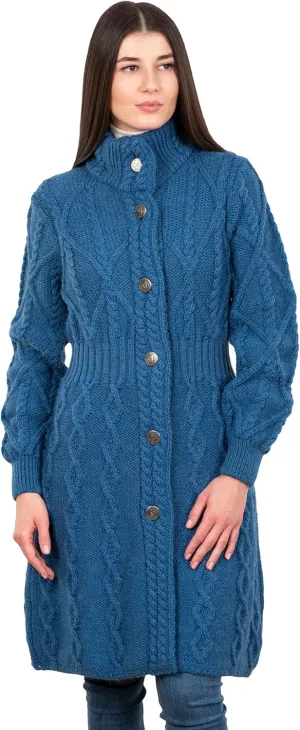 SAOL 100% Merino Wool Irish Cardigan for Women with Celtic Knot Buttons -Aran Long Outdoor Cable Knit Coatigan