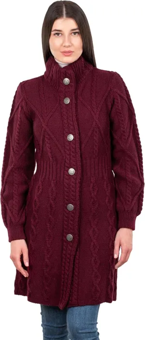 SAOL 100% Merino Wool Irish Cardigan for Women with Celtic Knot Buttons -Aran Long Outdoor Cable Knit Coatigan