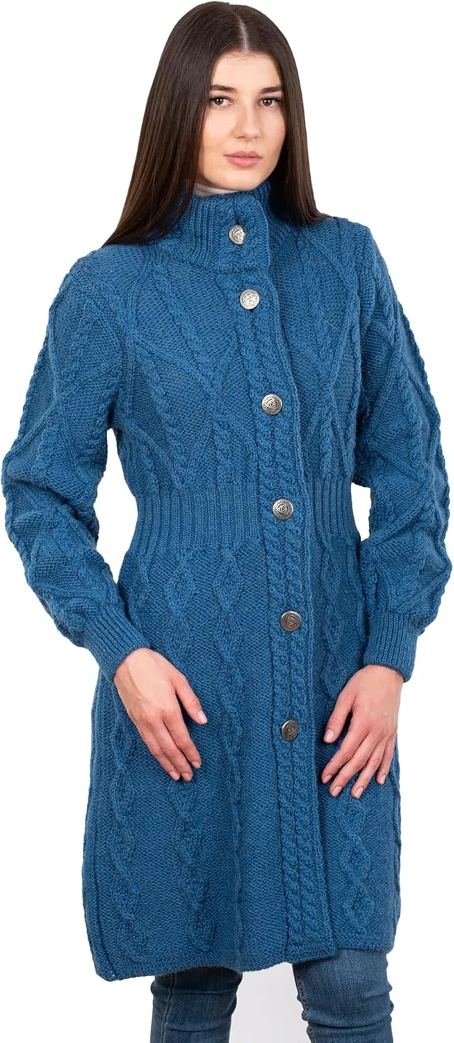 SAOL 100% Merino Wool Irish Cardigan for Women with Celtic Knot Buttons -Aran Long Outdoor Cable Knit Coatigan