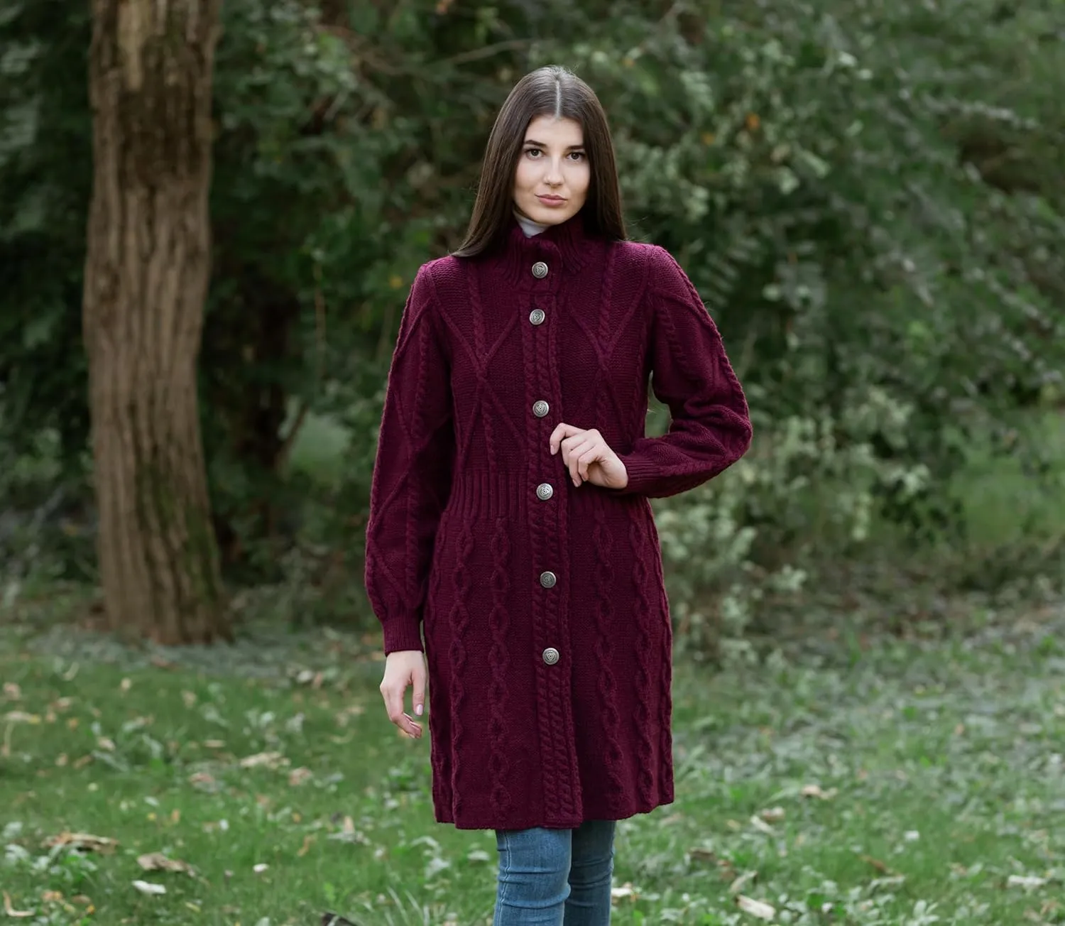 SAOL 100% Merino Wool Irish Cardigan for Women with Celtic Knot Buttons -Aran Long Outdoor Cable Knit Coatigan